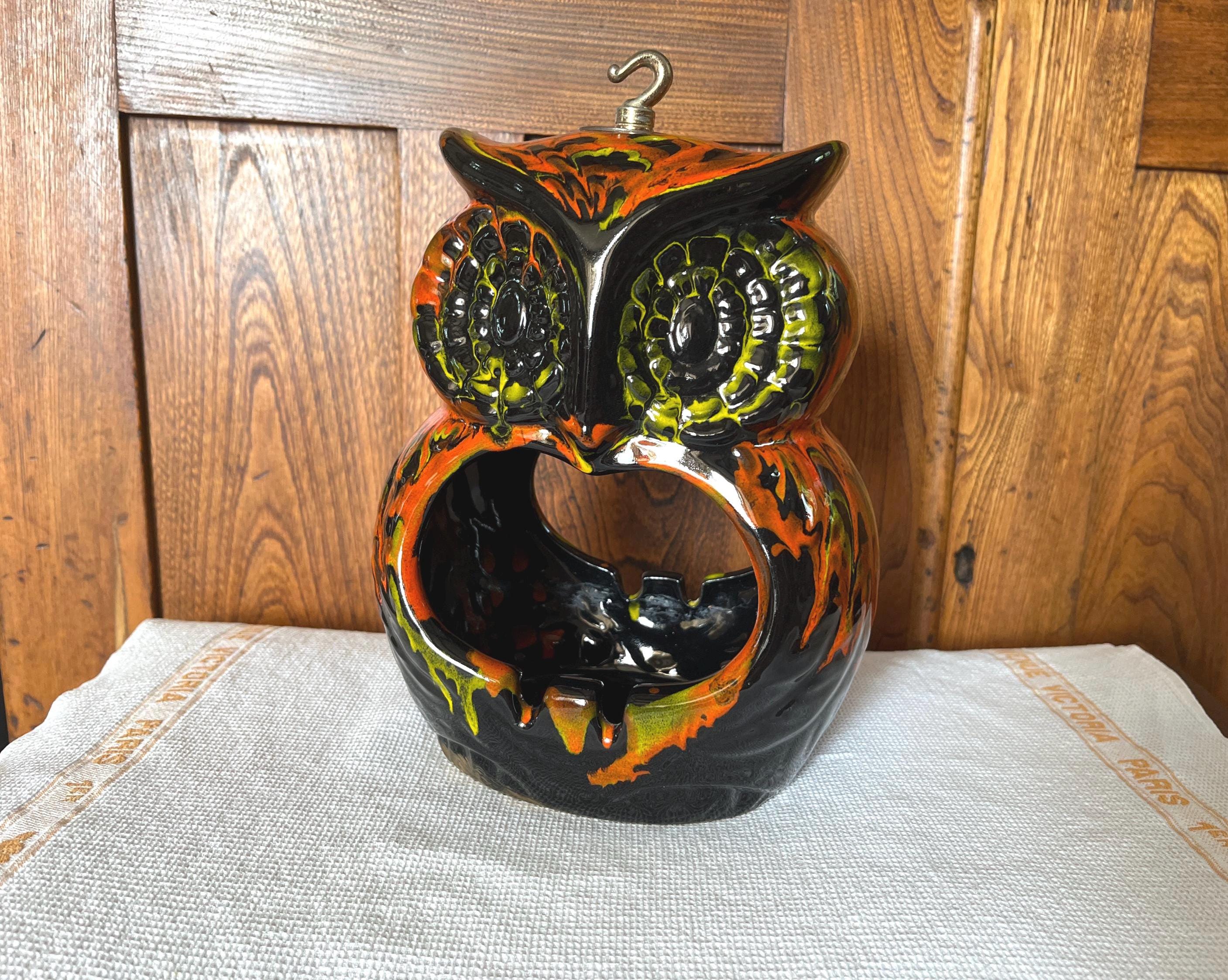 MCM Hanging Owl Ashtray 9 Inch Drip Glaze Brown Orange
