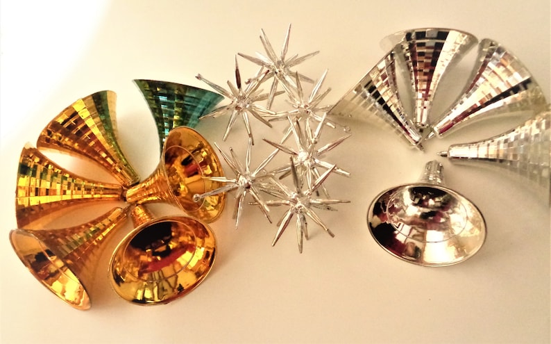 Vintage Christmas Atomic Bells Gold and Silver NOS and Small Sputniks Silver 17 Ornaments