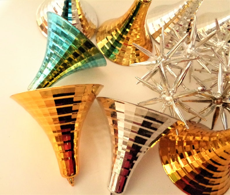 Vintage Christmas Atomic Bells Gold and Silver NOS and Small Sputniks Silver 17 Ornaments