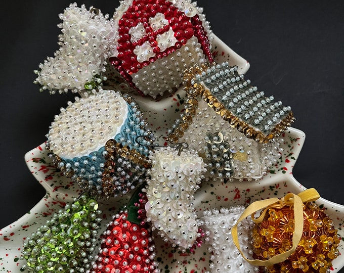 Vintage Christmas Push Pin Sequined Ornaments Houses Boots Drum Tree