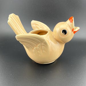 May include: A ceramic bird figurine in a light tan color with orange accents on the beak and head. The bird has black eyes and outstretched wings, with a small opening on its back. The figurine is likely a decorative item or a small planter.