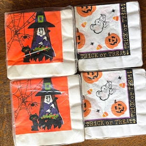 NOS Vintage Halloween Napkins Witch Black Cat and Ghosts with Pumpkins 2 Each