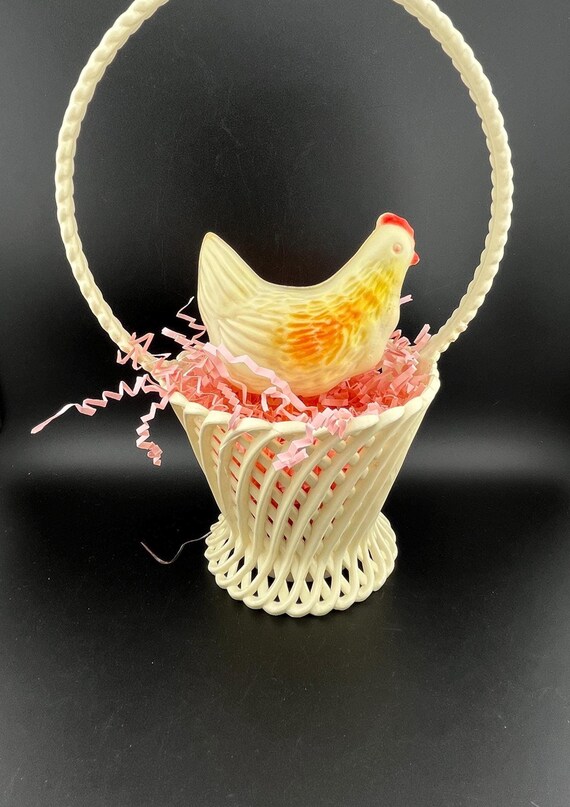 West German Emas Vintage Easter Basket Hard Plastic With Molded Plastic Chicken