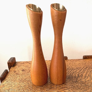 Vtg Scandinavian Design Wood Turned Candle Holder 9 Inch Brass Inserts