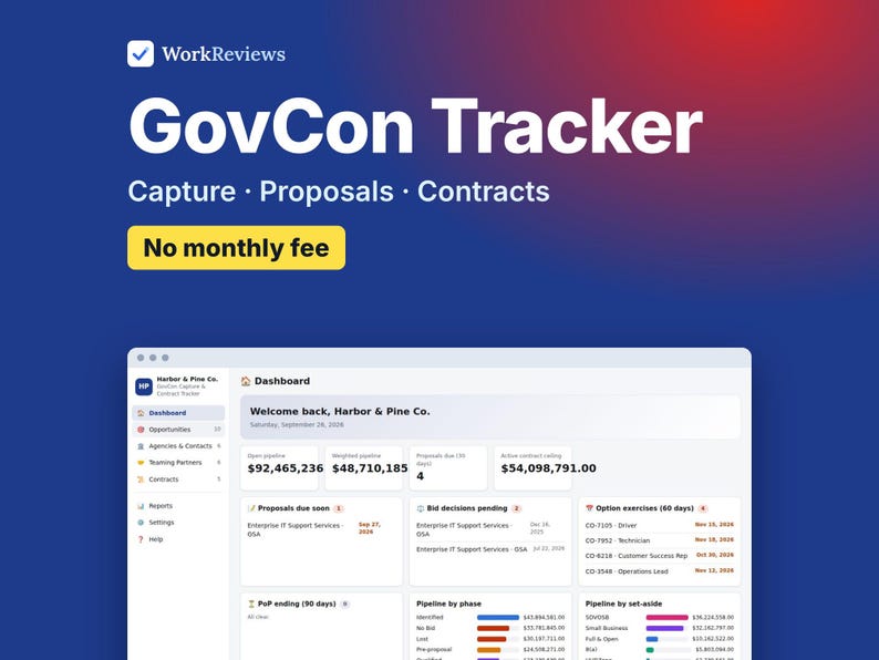 Government Contract Tracker, GovCon Capture and Proposal Pipeline for Federal Contractors | WorkReviews image 1