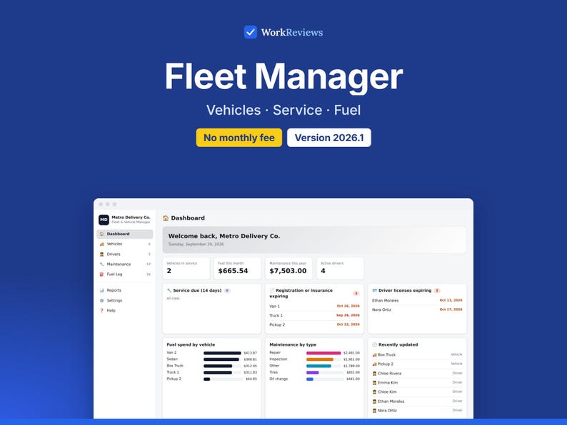 Fleet Management Tracker, Vehicle Maintenance, Fuel & Mileage Log, Offline HTML App image 1