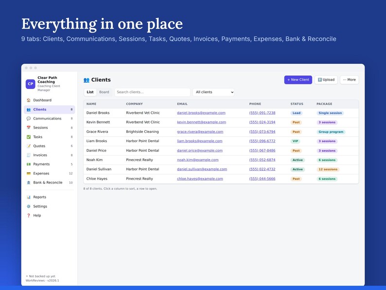 Coaching Client Tracker, Session Notes, Packages & Invoices, Offline HTML App image 2