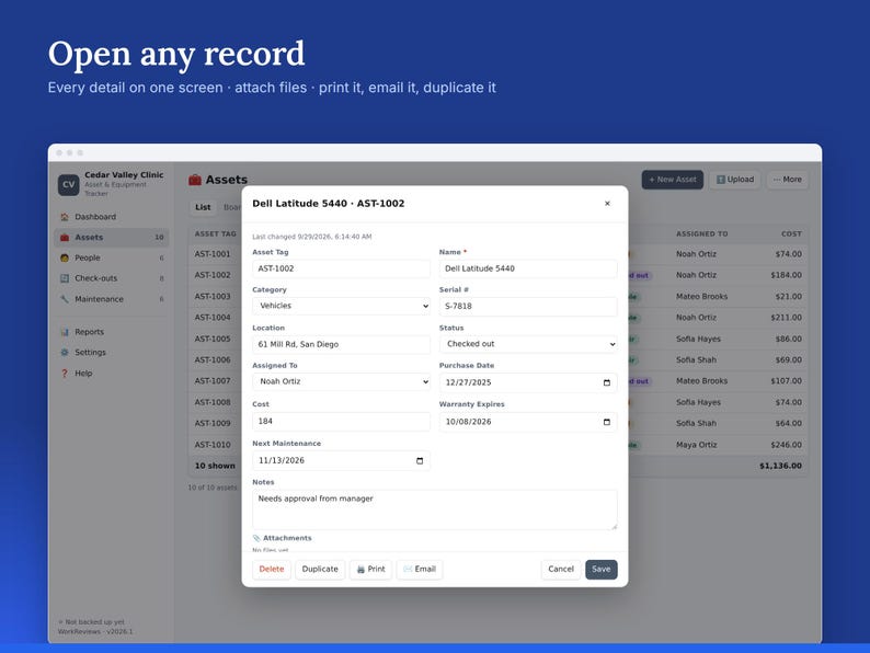 Asset Tracker, Equipment Log, Tool Checkout & Warranties, Offline HTML App image 3