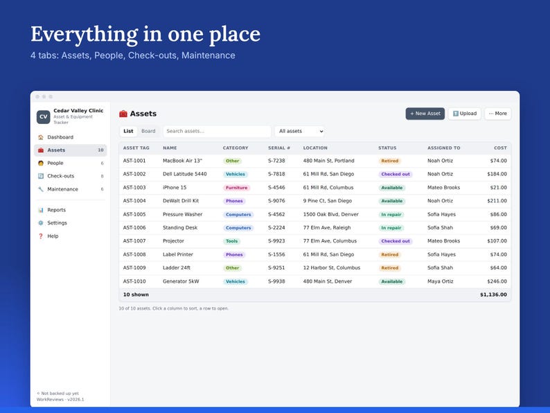 Asset Tracker, Equipment Log, Tool Checkout & Warranties, Offline HTML App image 2