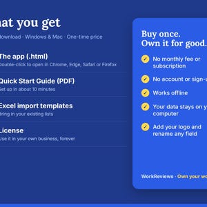 What you get: the app (.html file), a Quick Start Guide (PDF), Excel import templates and a license for your business. Buy once, no monthly fee, works offline.