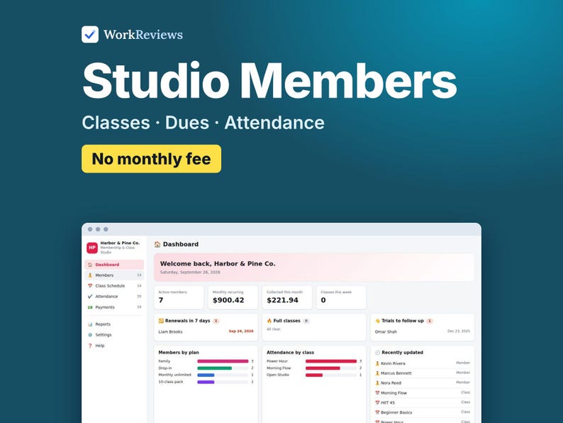 Gym Membership Tracker & Class Schedule, Yoga, Dance and Fitness Studio Member Management | WorkReviews image 1