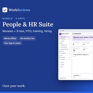 HR Suite: Reviews, PTO, Training, Hiring | Offline Business Template, No Monthly Fee | Your Logo, Colors and Custom Fields image 1