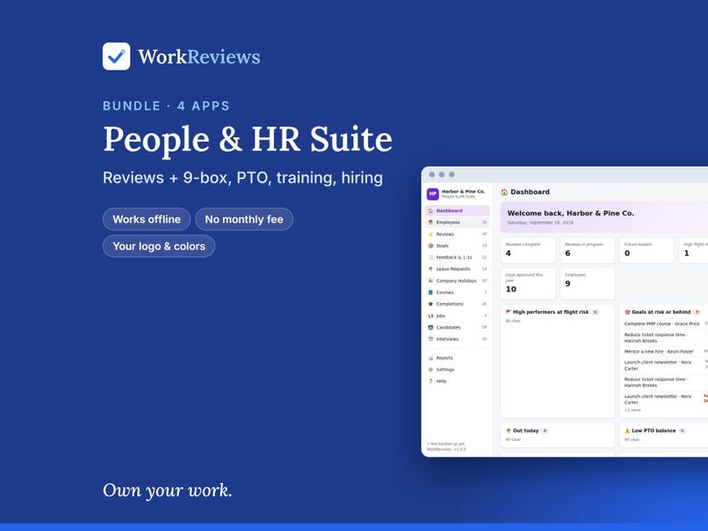 HR Suite: Reviews, PTO, Training, Hiring | Offline Business Template, No Monthly Fee | Your Logo, Colors and Custom Fields image 1