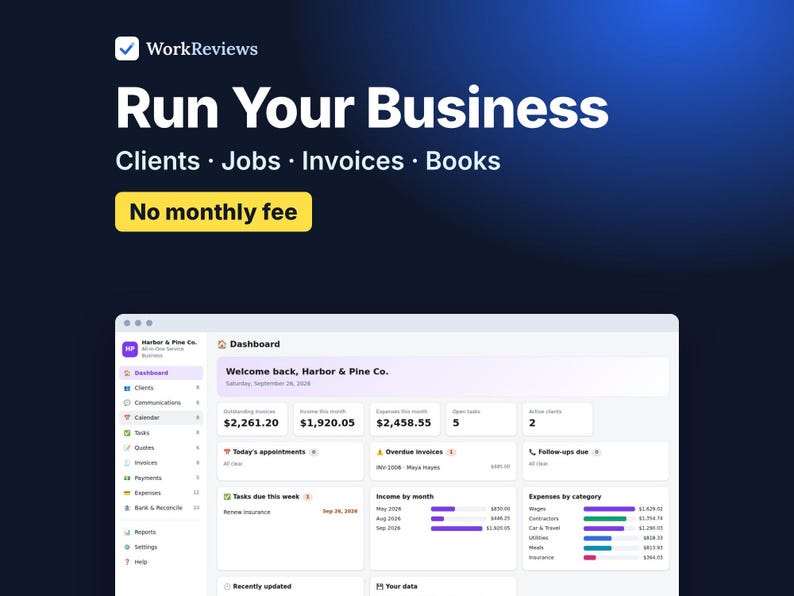 WorkReviews Service Business App, Clients, Scheduling, Invoices, Bookkeeping (Digital Download) image 1