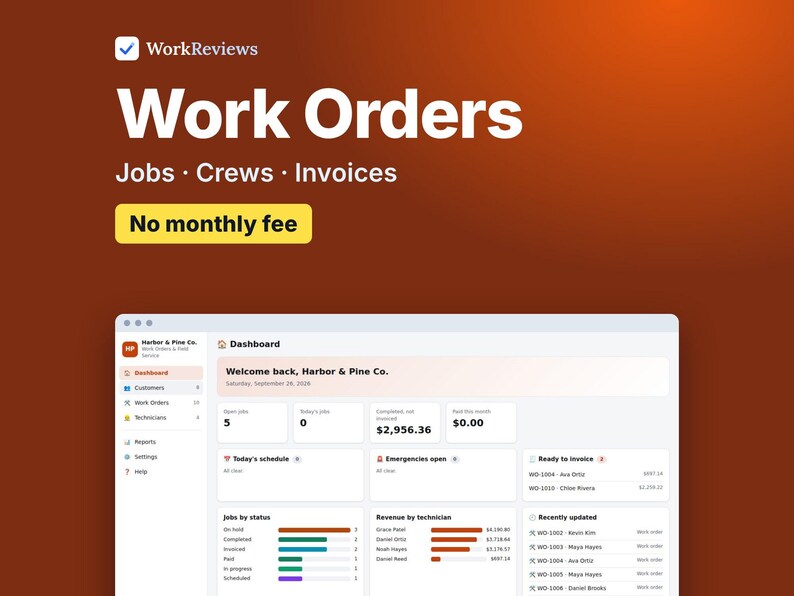 Work Order Template & Job Tracker, Field Service App for Contractors, Cleaning and Handyman Business | WorkReviews image 1