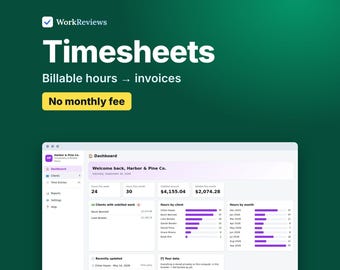 Timesheet Template & Billable Hours Tracker, Freelance Time Log with Invoicing, Hours Tracker | WorkReviews