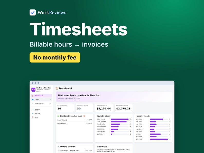 Freelance Timesheet, Billable Hours & Client Invoices, Offline HTML App image 1