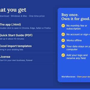 What you get: the app (.html file), a Quick Start Guide (PDF), Excel import templates and a license for your business. Buy once, no monthly fee, works offline.