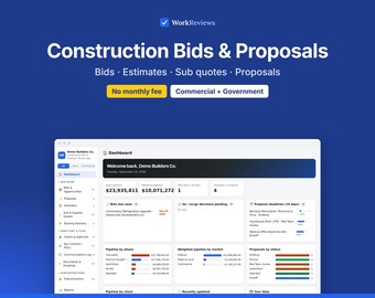 Construction Bid Tracker App, Estimates, Sub Quotes & Proposals, Commercial and Government Contractors
