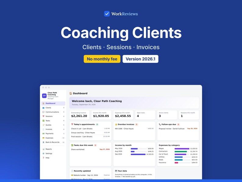 Coaching Client Tracker, Session Notes, Packages & Invoices, Offline HTML App image 1