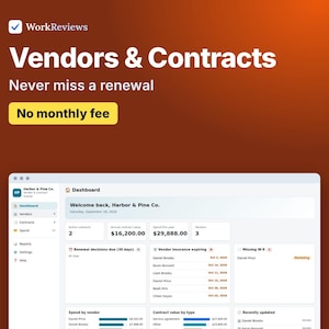 Vendor Tracker & Contract Management Template, Supplier List with Renewal Reminders | WorkReviews image 1