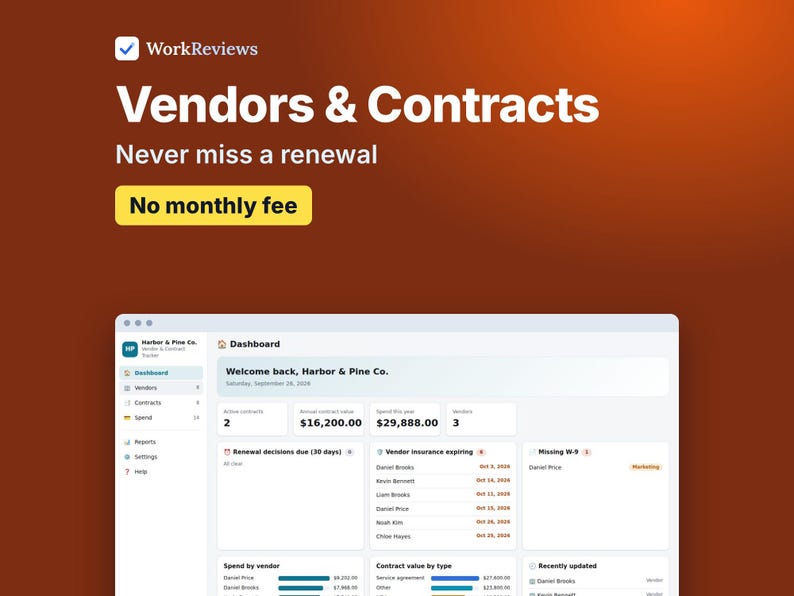 Vendor Tracker & Contract Management Template, Supplier List with Renewal Reminders | WorkReviews image 1