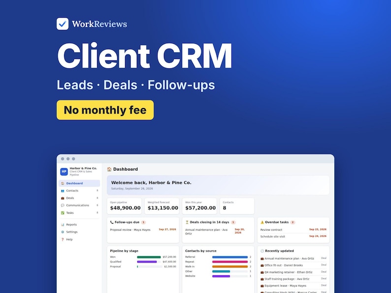 WorkReviews CRM Template, Client Tracker, Sales Pipeline App (Digital Download) image 1
