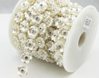 15mm Ivory flower Pearl Rhinestone Chain Sewing Trims Cake Decoration LZ192