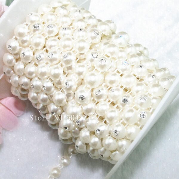 1 yard 8mm Round Ivory Pearl With Rhinestone Chain Sewing Costume Applique LZ89