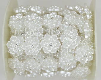 20mm White Flower Pearl Rhinestone Chain Sewing Trims Wedding Decoration LZ169