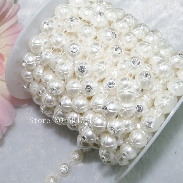 1 yard 10mm Round Ivory Pearl With Rhinestone Chain Sewing Costume Applique LZ87