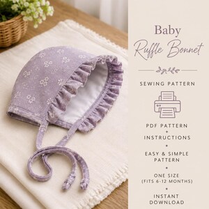 Baby Ruffle Bonnet Sewing Pattern PDF, Vintage Floral Baby Bonnet Pattern, Infant Hat with Ties, 6–12 Months, Digital Download