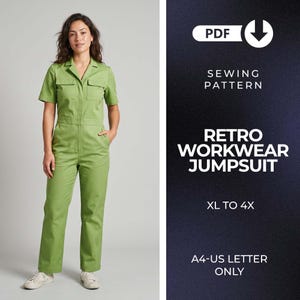 May include: A light green short-sleeved jumpsuit with a collar, button-down front, and two chest pockets. The text on the right reads: PDF SEWING PATTERN RETRO WORKWEAR JUMPSUIT XL TO 4X A4-US LETTER ONLY.