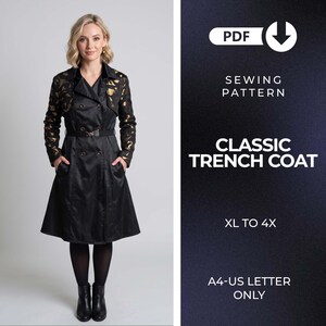 Op de afbeelding: Een PDF-naaipatroon voor een klassieke trenchcoat in de maten XL tot 4X, geformatteerd voor A4- en US Letter-papier. De jas is zwart met lange mouwen met een goudkleurig bladpatroon, een dubbele rij knopen, een ceintuur en zakken.