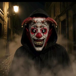 Pode incluir: Uma máscara de palhaço de cabeça inteira com rosto branco, detalhes vermelhos ao redor dos olhos e nariz, um sorriso largo com dentes amarelos e dois chifres vermelhos estilo bobo da corte com pequenos sinos dourados, presa a uma capa preta.