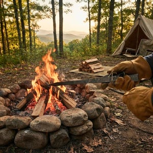 May include: A pair of tan suede leather gloves holding a long, dark metal fire poker over a stone-lined campfire with burning logs. The scene is set in a wooded area with a canvas tent in the background and a stack of firewood nearby.