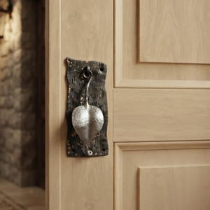Handcrafted Metal Leaf Door Knocker, Hand Forged Botanical Knocker with Textured Backplate, Rustic Farmhouse Front Door Hardware