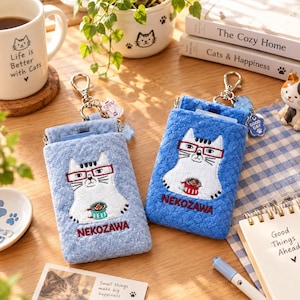 Cat Glasses Pouch with Spring Frame, Soft Plush Eyeglass Case, Cute Cat Print Pencil Bag