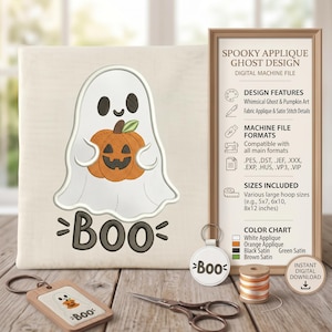 Peut inclure: Un fichier de broderie numérique représentant un fantôme blanc tenant une citrouille orange avec une feuille verte et le texte BOO. Le design inclut un nuancier, des formats de fichiers et des dimensions pour des cadres de 5x7, 6x10 et 8x12 pouces.