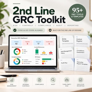 Op de afbeelding: Een 2nd Line GRC Toolkit productweergave met een laptop die een Executive GRC Dashboard toont met risico- en compliance-statistieken. Bevat een stapel documentsjablonen met de labels RCSA, Control Register en Audit Plan.
