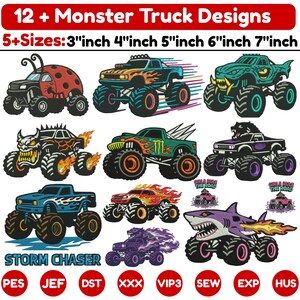 Animal Monster Truck Machine Embroidery Design Monster Truck Applique Cartoon Truck Embroidery T-REX Monsters Truck PES File 5+Size Download