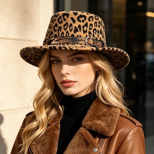 Puede incluir: Un sombrero fedora con un estampado de leopardo en tonos beige y negro. El sombrero incluye una banda a juego con estampado de leopardo alrededor de la copa, acentuada con una hebilla de metal plateado en el lateral. El ala es ancha y estructurada.