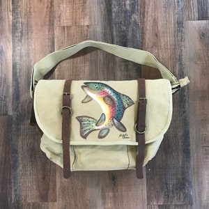 Men&#39;s Messenger Bag, Canvas Bags, Hand Painted Trout, Fish Gifts