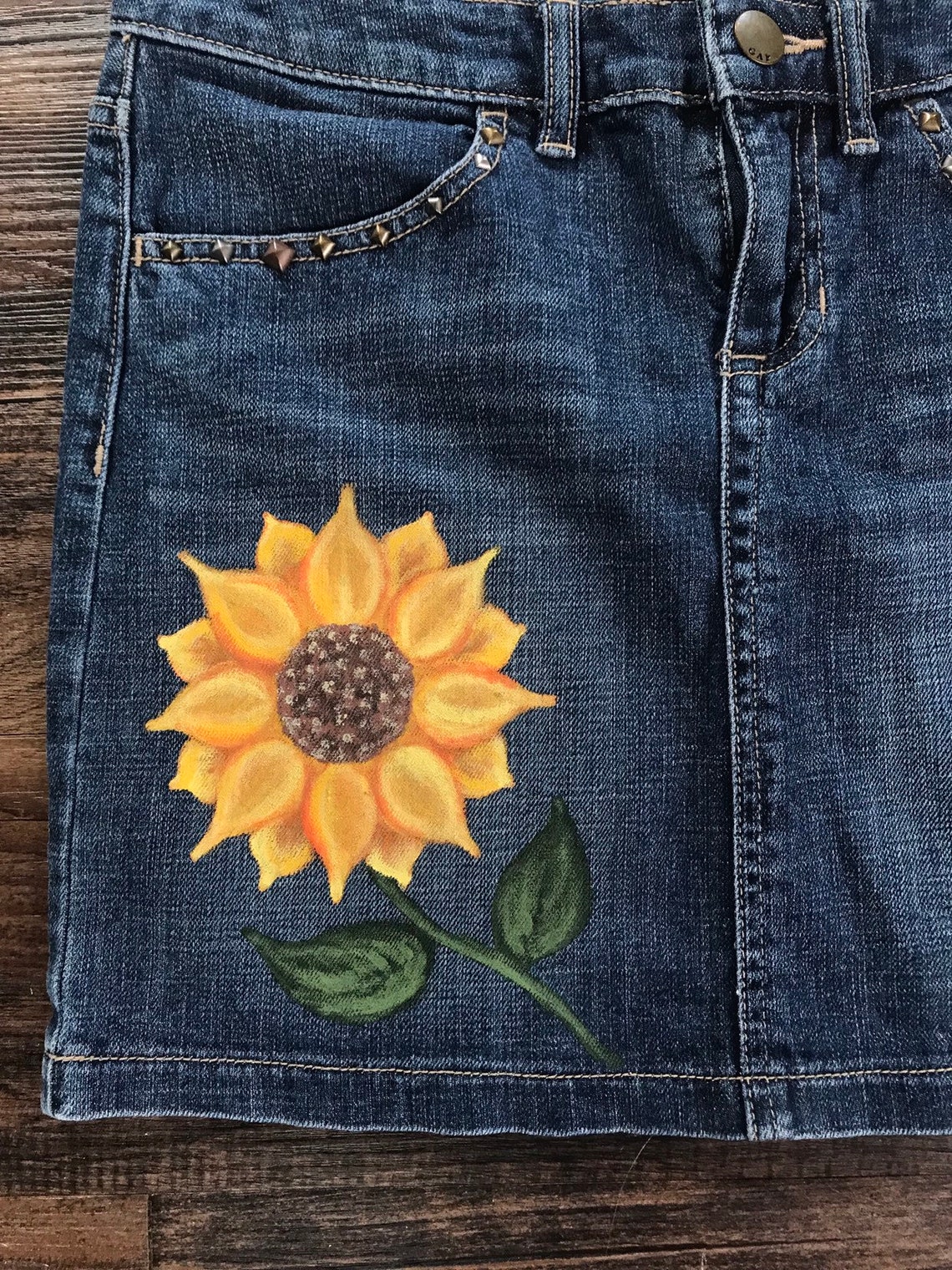 Womens Denim Skirt Gap Sz 4 Painted Denim Sunflower Skirt | Etsy