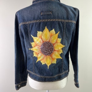 Sunflower Denim Jacket, Women&#39;s Size Large Petite, Liz Claiborne, Hand Painted Denim