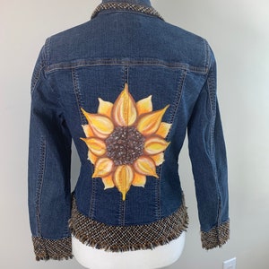 Sunflower Denim Jacket, Women&#39;s Size 6, Coldwater Creek, Hand Painted Denim