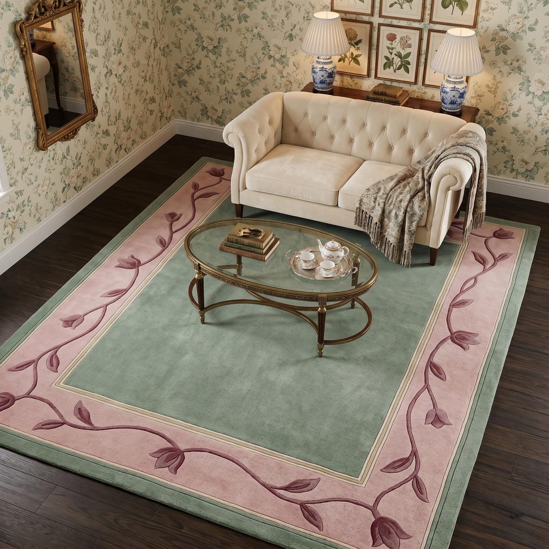 Sage Green Hand Tufted Wool Rug | 3D Carved Pink Floral Border Area Rug ...