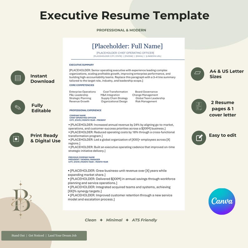 Executive Resume Template, Ats-friendly CEO and Director CV, Modern C ...
