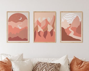 Desert Digital Print set of 3, Midcentury wall art, Sun and moon art, Boho landscape art, Desert landscape, Desert Print, Desert Art Print,