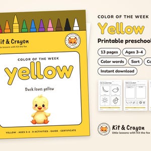 Op de afbeelding: Een geel, printbaar voorschools pakket van Kit & Crayon met een eendillustratie en de tekst Color of the Week Yellow. De set bevat 13 pagina's voor kinderen van 3-4 jaar met activiteiten zoals kleurwoorden, sorteren en tellen.